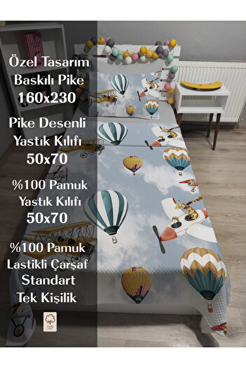 yok yok evim eve dair her şey 4 Piece Colorful Balloons Patterned Single Pique Bedspread Set with Elastic Sheets