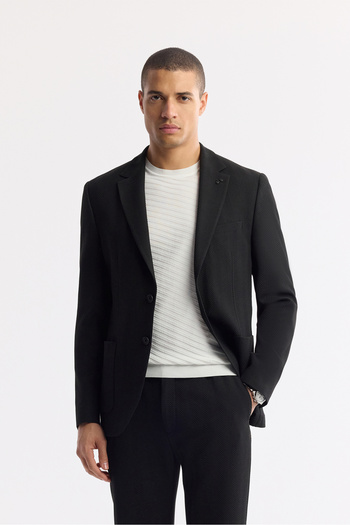 Avva Men's Black Mono Collar Bag Pocket Double Slit Unlined Seersucker Detailed Bi Stretch Jacket A51Y4011