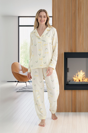 DOFİ Women's Buttoned Yellow Aerobin Pajama Set – Cherry Patterned, Suitable for Summer and Home Wear