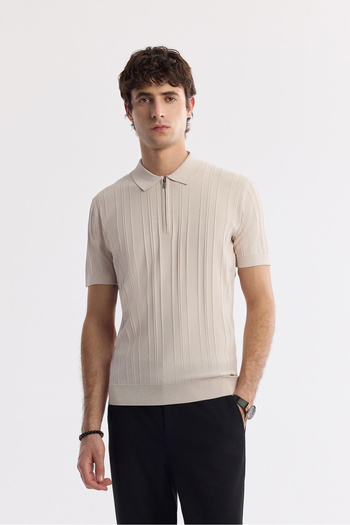 Avva Men's Beige Polo Neck Rayon Knit T-Shirt A51Y5046
