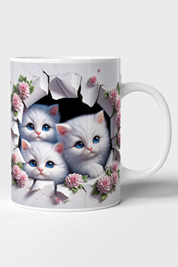 GRN TASARIM White Kitten Printed 3D Effect Gift Mug