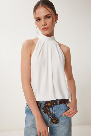 Happiness İstanbul Women's Bone Halter Neck Sandy Knitted Blouse Rx00058