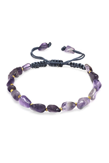 Tesbihane Macrame Braided Natural Cut Amethyst Natural Stone Women's Bracelet