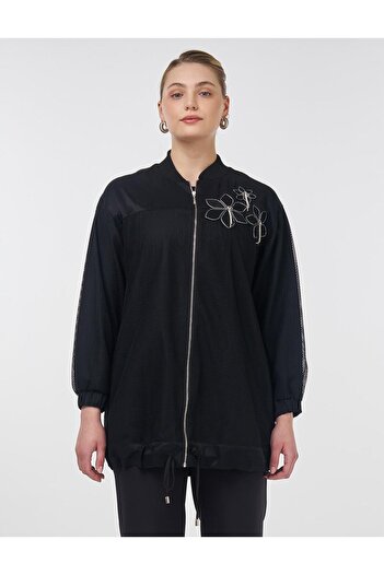 Kayra Mesh Garnished College Collar Jacket Black