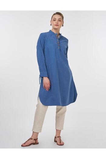 Kayra Embroidered Judge Collar Long Tunic Indigo