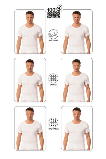 ÖZKAN underwear Özkan 0059 6 Pack Men's 100% Cotton Single Jersey Fabric Open Neck Half Sleeve Undershirt