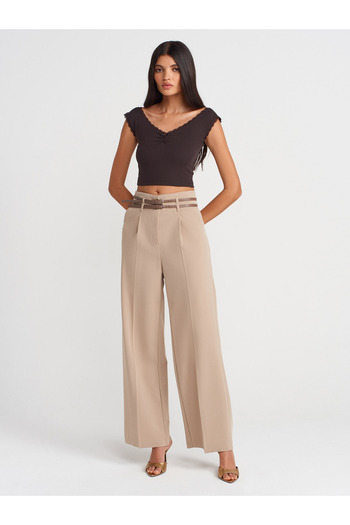 Dilvin 71617 Belted High Waist Trousers-Beige