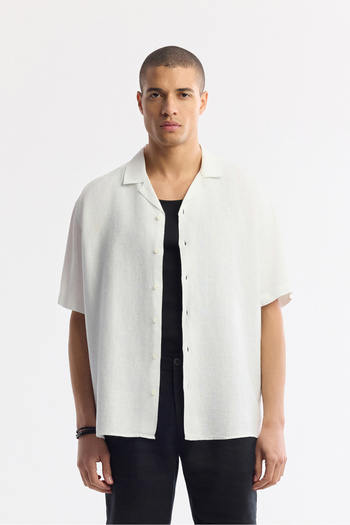 Avva Men's White Apaj Collar 100% Linen Short Sleeve Oversize Fit Shirt A51Y2209