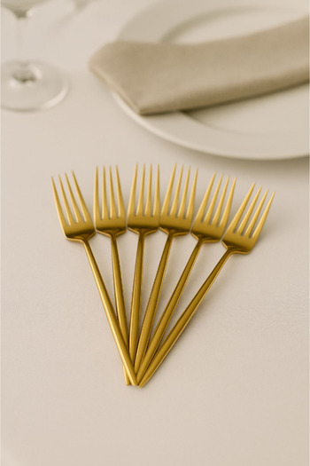 AYGÖREN HOME 6 Piece Gold Detailed Cutlery Set |   6 Piece Luxury Dinner Fork Set 22 cm