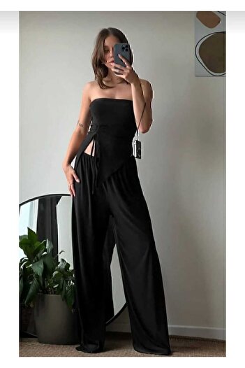 ECK MODA Women's Black Strapless Pants Lycra Stretchy Sandy Fabric Bottom Top Set