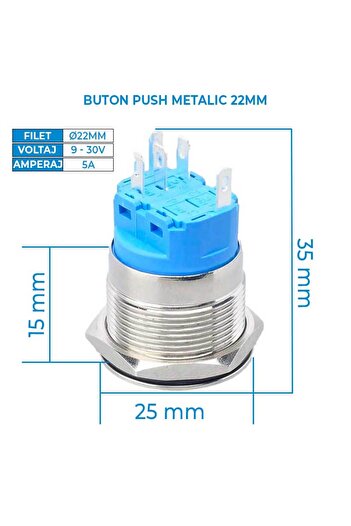 CLASSLIGHTS Buton de acționare 22mm cu reținere, 12-24V, LED albastru, ștecher inclus, ElectroAZ