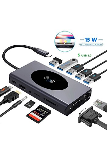 CLASSLIGHTS ElectroAZ 13 in 1 Multifunctional Hub Adapter, Wireless Charging 15W, PD USB-C Port, HDMI 4K, VGA