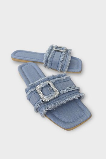 Liger Papuci de damă din denim cu cataramă cu ciucuri ALBASTRU