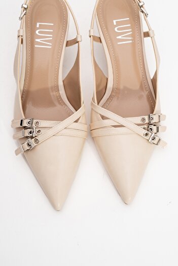 LuviShoes Woss Beige Skin Belt Detailed Women's Heeled Shoes