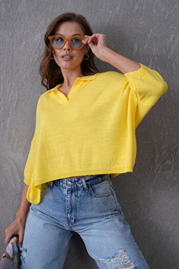 bayansepeti Kadın Sarı Polo Yaka Yarım Kollu Oversize Yazlık Crop Triko Bluz 002