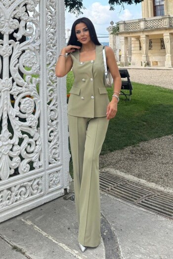 VZ BUTİK Women's Bottom Top Double Set Stylish Button Detail Square Neck Vest Pants Set