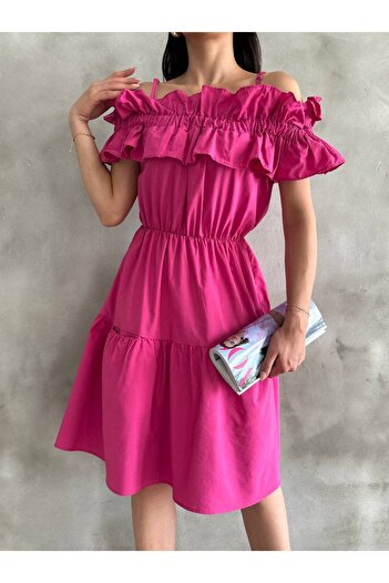 Cistern İstanbul Women's Fuchsia Ruffled Madonna Collar Pocket Detailed Short Summer Dress