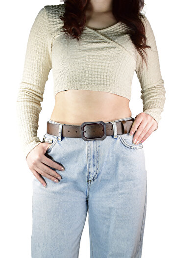 GoDeri 100% Genuine Leather, Matte Silver Buckle Brown Women's Jeans, Sports Belt 4 Cm=an-byn-07