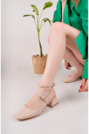 pasyone Beige Patent Leather Women's Square Blunt Toe Heeled Shoes