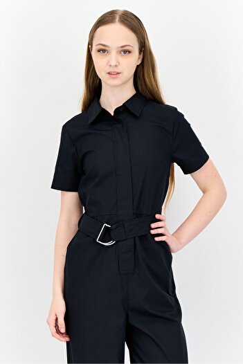 Esprit Women Solid Short Sleeves Belted Jumpsuit, Black
