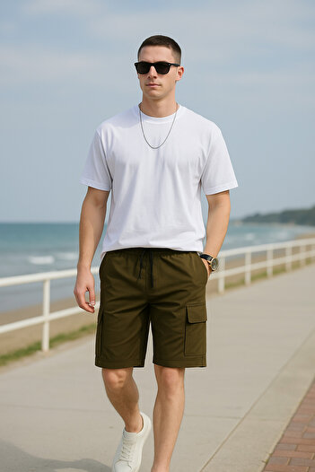 Pobudo Khaki Color Parachute Fabric Men's Shorts with Cargo Pockets