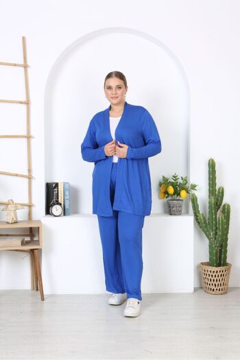 Şans Set de cardigan lung din viscoză Saks și pantaloni cu talie elastică pentru femei de mărime mare 65N38327