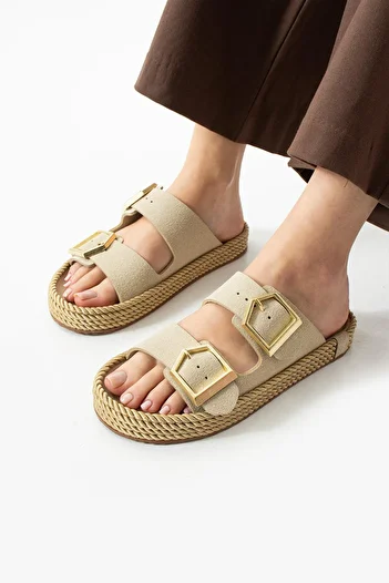 diclepolat Women's Double Buckle Daily Slippers Lipaz Beige Suede