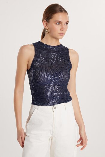 Tudors Women's Slim Fit Slim Fit Zero Sleeve Sequined Halter Neck Navy Blue Blouse