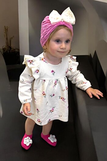 TAKIŞTIR Pink Color Ribbon and Flower Detailed Children's Hair Cap and Socks Set