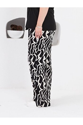 SagaEva Black Patterned Draped Viscose Palazzo Large Size Trousers
