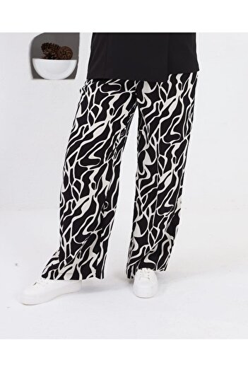 SagaEva Black Patterned Draped Viscose Palazzo Large Size Trousers
