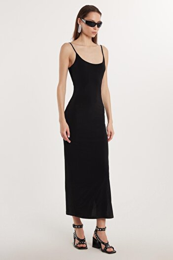Tudors Women's Slim Fit Slim Fit Thin Strap Sandy Fabric Black U-Neck Long Dress
