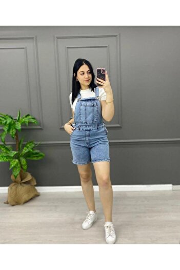 TugsatTasarTekstil Salopetă de zăpadă albastru deschis pentru femei, pantaloni scurți, salopete din denim, lycra, grădinar