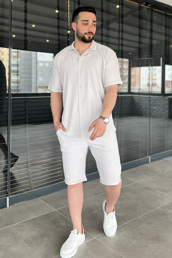 MİSHAR İTALİA Gray Men's Apache Collar Shirt Shorts Double Set