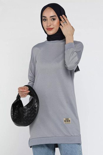 julude Gray Women's Crew Neck Embroidered Hijab Tunic