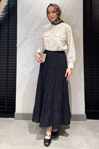 julude Black Women's Elastic Waist Layered and Pleated Hijab Skirt