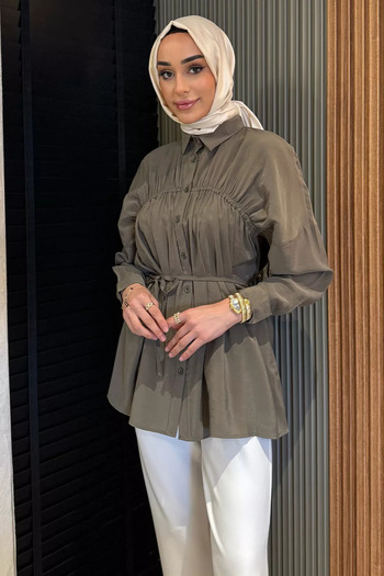 julude Khaki Women's Front Gather Detailed Waist Tie Hijab Tunic