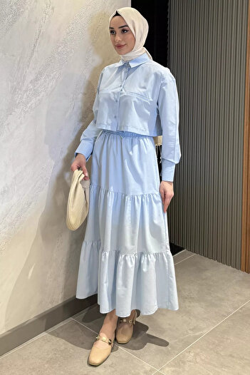 julude Light Blue Women's Elastic Waist Pleated Tiered Hijab Skirt