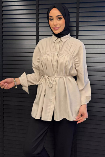 julude Stone Women's Front Gather Detailed Waist Tie Hijab Tunic