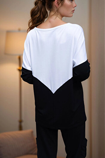 bacc Women's White Black V-Neck Color Block Soft Textured Loose Blouse Bcbsk-25700-3167