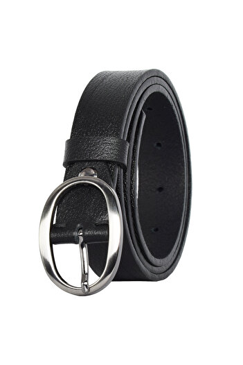 GoDeri %100 Hakiki Deri Mat Gümüş Oval Tokalı Siyah Ince Kadın Kemeri, 3 Cm=3cm-kdn-39-nik.ov