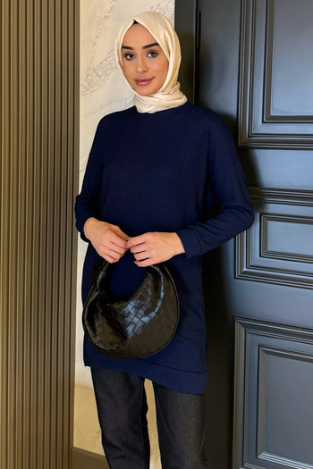 julude Navy Blue Women's Crew Neck Slit Detailed Wrapped Hijab Tunic