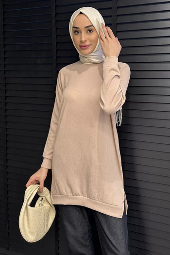 julude Beige Women's Crew Neck Slit Detailed Wrapped Hijab Tunic