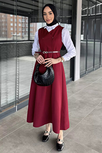 julude Burgundy Belted Hijab Gilet Dress