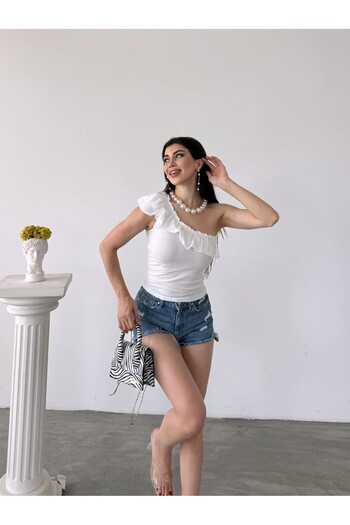 Cream One Shoulder Ruffle Detailed Blouse