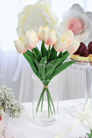 Yapay Çiçek Deposu Artificial 8 Wet Tulip Bouquet Real Texture Powder-White