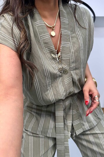 Sohotique By P Striped Belted Crinkled Viscose Suit Light Khaki