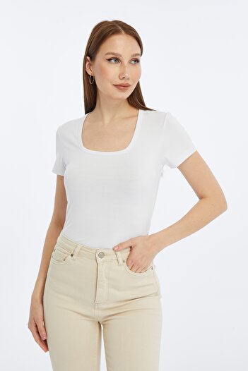 Pawle Women's White Square Neck Short Sleeve Blouse