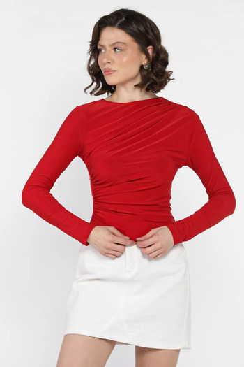 GÜLSELİ Red Women's Waist and Shoulder Draped Blouse