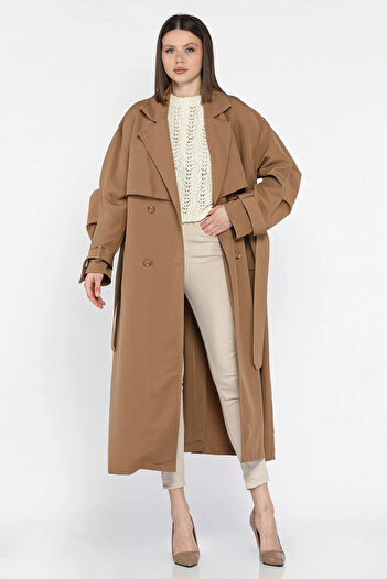 GÜLSELİ Mink Women's Waist Belted Slit Oversize Trench Coat